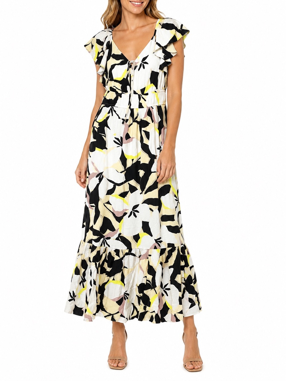 Nine West Summer colorful flutter sleeve stretchy vacation floral maxi dress M